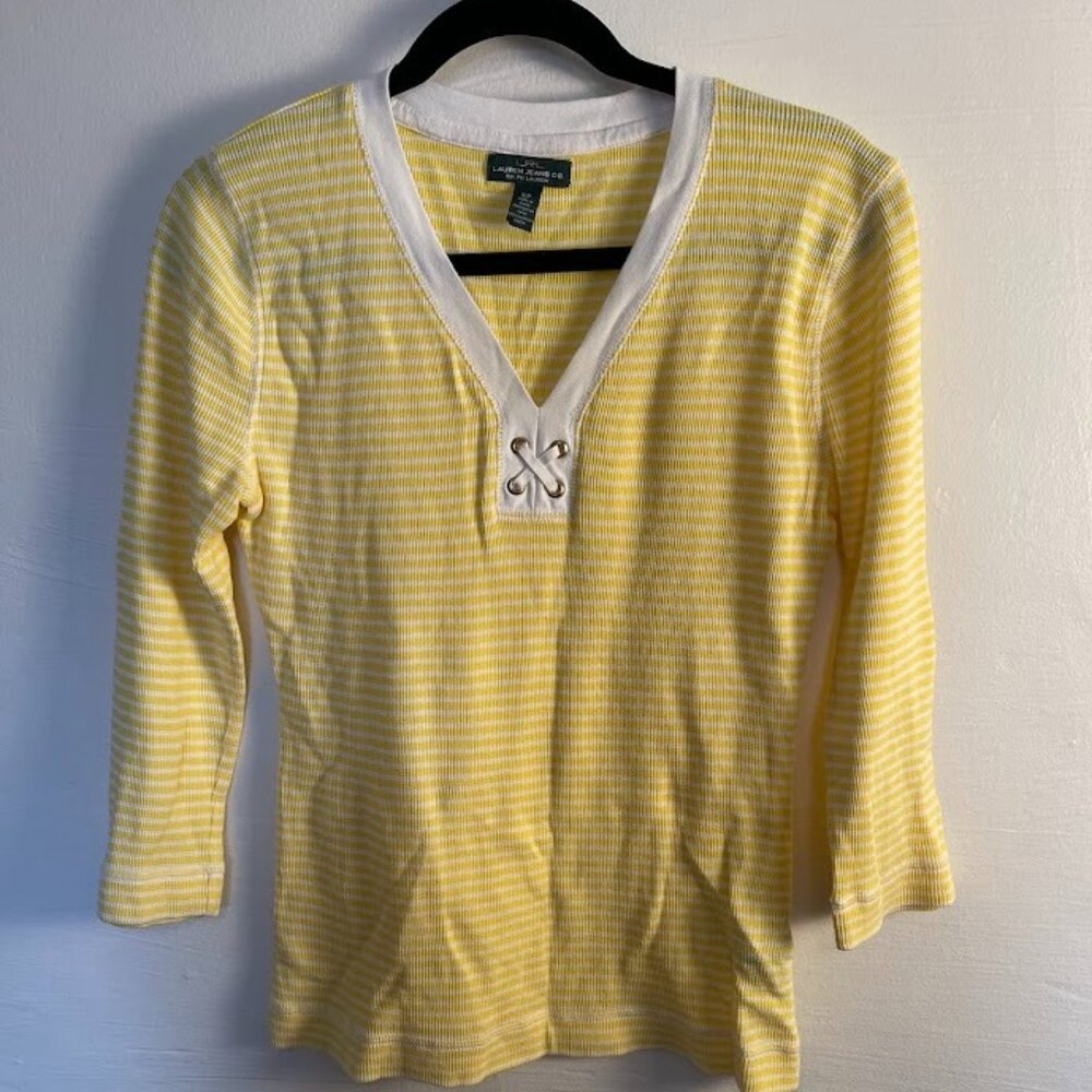 LRL Lauren Jeans Co. yellow &‎ white striped long sleeve top S/P